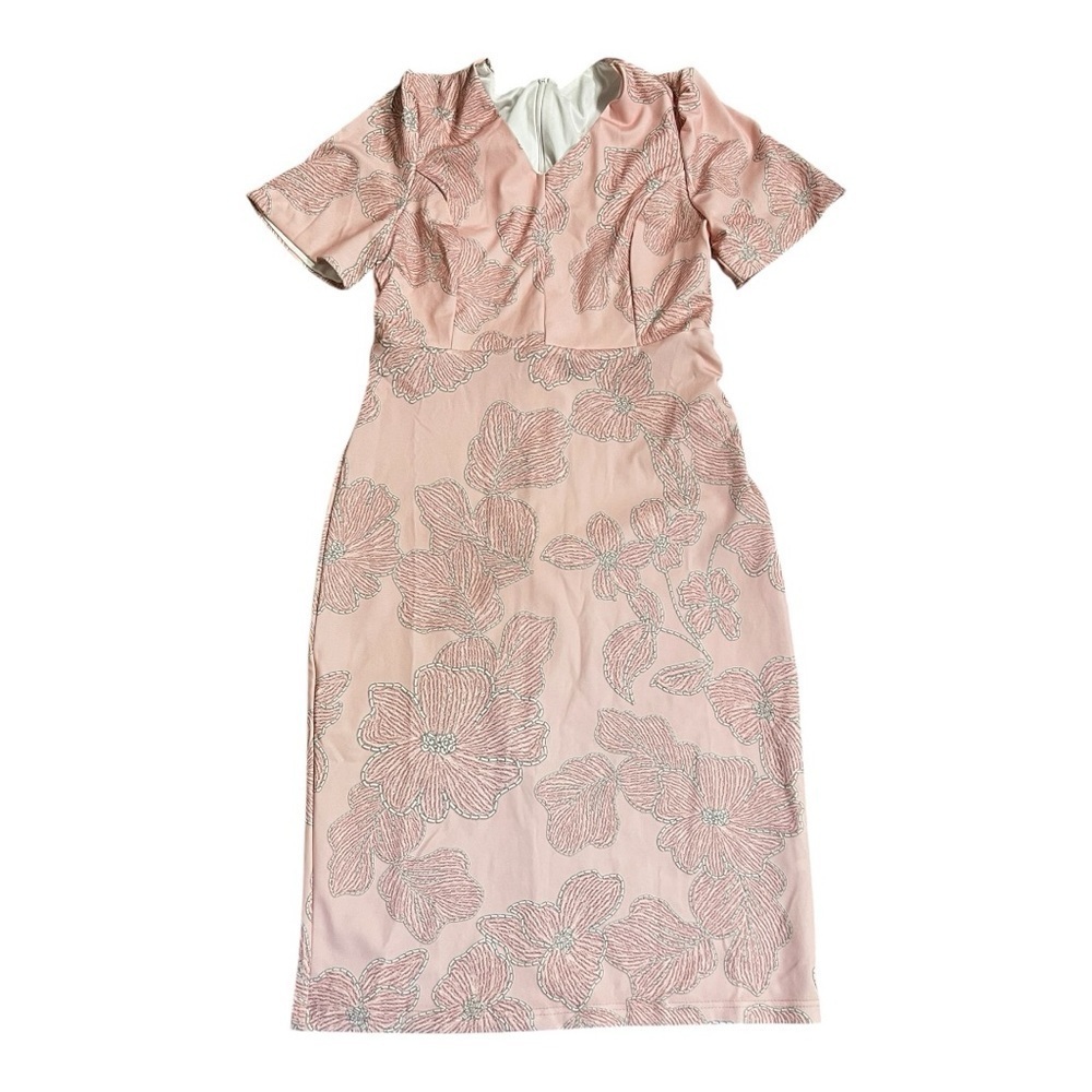 ❤️3/$15 Elegant Pink Midi Floral Dress Size M - Picture 1 of 6
